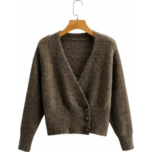 ZA New Women Solid Color Button Knitted Cardigan Sweater Slim Fit V-Neck Long Sleeve Ladies Fashion Autumn Containing Wool
