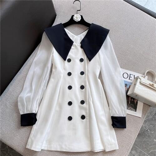 Long Sleeve Dresses Womens 2021 Autumn New Contrast Color V Neck Double Breasted Mini Dress Girls Ladies Outfits White Black