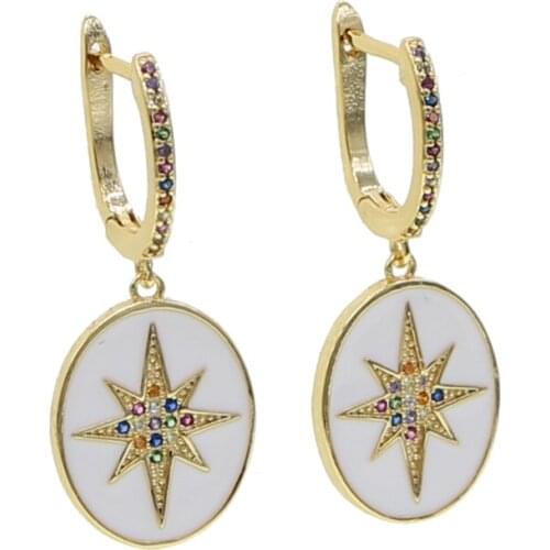 Boho Gold color white enamel North Star dangle Earrings Starburst Celestial Huggie Earcuffs Dainty Bridal Cartilage Earring