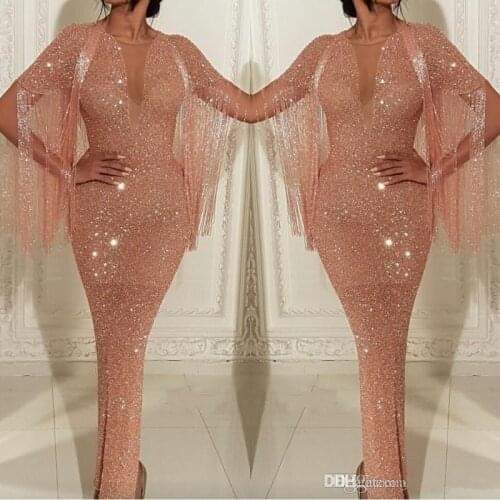 2019 Arabic See Through Sequins Mermaid Prom Dresses Rose Gold Tassel Evening Gowns Ankle Length Split Cocktail Party Gowns