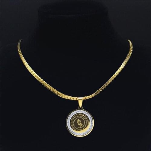 Crystal Stainless Steel Bible Folded Hands in Prayer Chain Necklaces Men Gold Color Necklaces Jewelry chaine collier N8034S03