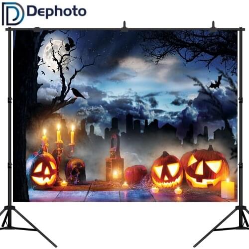 Dephoto Halloween Theme Photography Backdrop Pumpkin Wood Floor Cemetery Forest Background Decoration Photo Studio Props