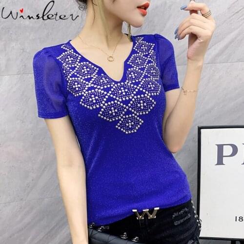 Summer Korean Style T-Shirt Sexy V-Neck Mesh Shiny Diamonds Women Tops Short Sleeve Stretchy Bottoming Shirt Tees 2021 T14713A