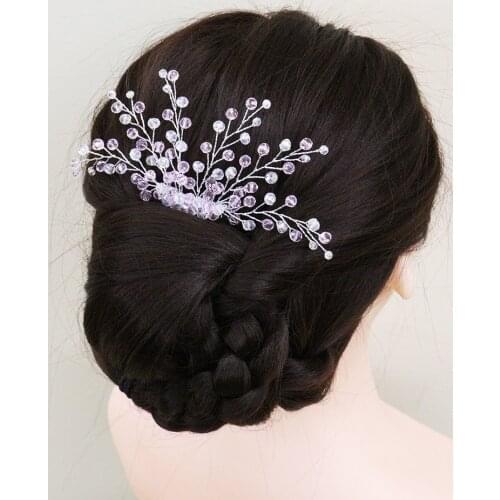 Fashion Pink Crystal Hair Comb Banquet Party Flower Hair Jewelry for Birde Headwear Wedding Hair Accessories Clip for Women