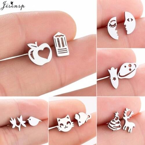Jisensp Stainless Steel Apple Pencil Earrings for Women Asymmetrical Small Stud Earring Ear Studs Daughter Cartoon Jewelry Gift