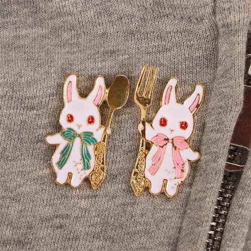 Kawaii Magic Bunny Enamel Pin Fashion Cartoon Fork Pink Rabbits and Spoon Blue Rabbit Pastel Brooch Foodie Jewelry Gift