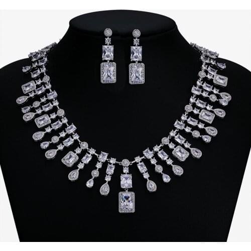 Classic Full 5A Cubic Zirconia Bridal Wedding Necklace Earring Set Women Prom Party Jewelry Sets CN10307