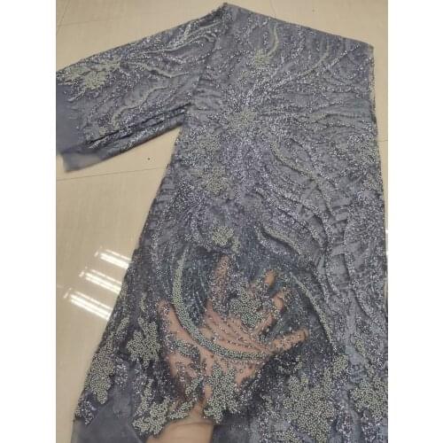 Gray Beaded Embroidery Lace Mesh Fabric 2021 African Tulle Lace Fabric With Sequins Beads French Net Lace For Bridal VFM4997
