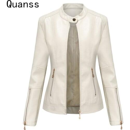 Quanss New Fashion Womens Luxury PU Faux Leather Jacket Spring Autumn Thin Zipper Casual Coats Female Moto Biker Outerwear