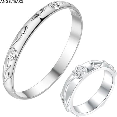 Fashion Jewelry Set Silver Color Flower Charm Bangle & Ring For Women Christmas Gifts drop shipping wholesale