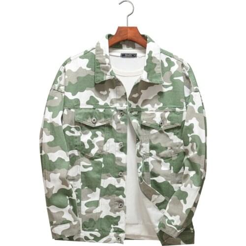 Mens Camouflage Printed Denim Jacket Casual Military Coat Army Green Red
