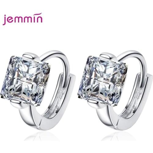 Real 925 Sterling Silver Hoop Earrings Clear Square Zirconia Design Earring For Women Korea Silver Jewelry New Wholesale