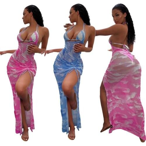 ZKYZWX Sexy Mesh Sheer 3 Piece Club Outfits Halter Crop Top Bandage Thong Bodycon Maxi Dress for Women Summer Beachwear Swimsuit