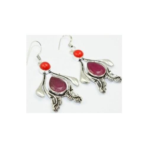 Rubys & Coral , 66 mm, Silver Overlay on Copper Earrings, E1813