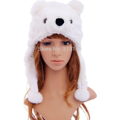Cartoon Plush Animal White Polar Bear Fuzzy Warm Beanie Hat Winter Adult Women Mens Children Kids Boys Girls Fluffy Costume
