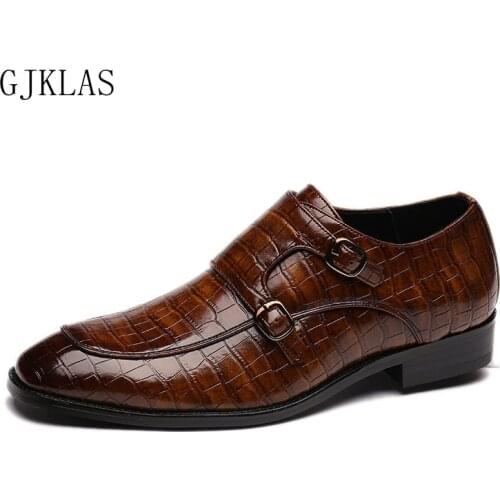Size 38-48 Mens Dress Shoes Microfiber Leather Crocodile Print Monk Strap Black Oxford Double Buckle Business Formal Shoes Male