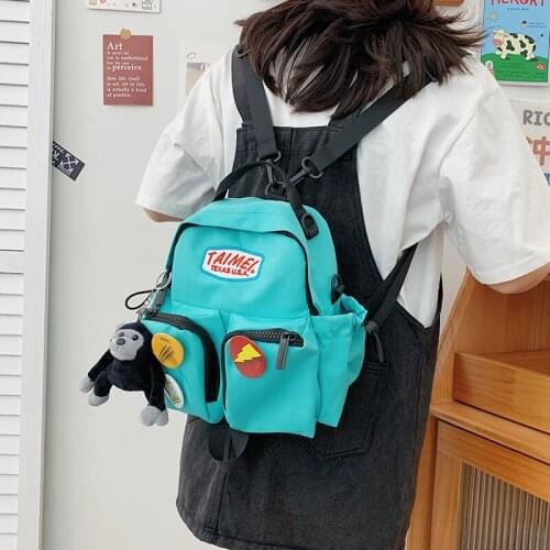 Harajuku Japanese Mini Backpack Blue Badge Uninsex Wanterproof Bagpack Mutifunction Travel Messenger Bag Withe Orangutan Pendant