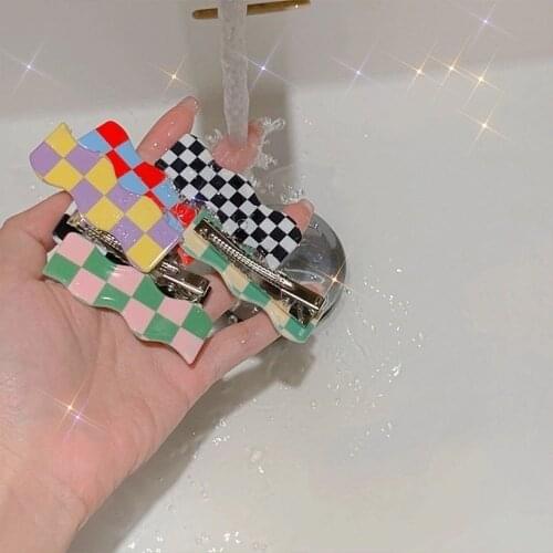 Summer Cute Colorful Plaid Wave Rectangle Acrylic Acetic Hairpins For Women Holiday Daily Hair Accessories 2021 New