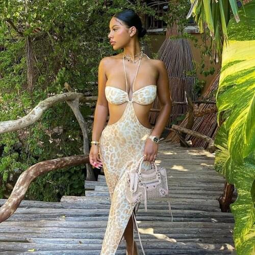 Leopard Print Sexy Bodycon Summer Midi Dress Women Party Holiday Backless Sleeveless Casual Womens Dresses Split Cut Out Dress