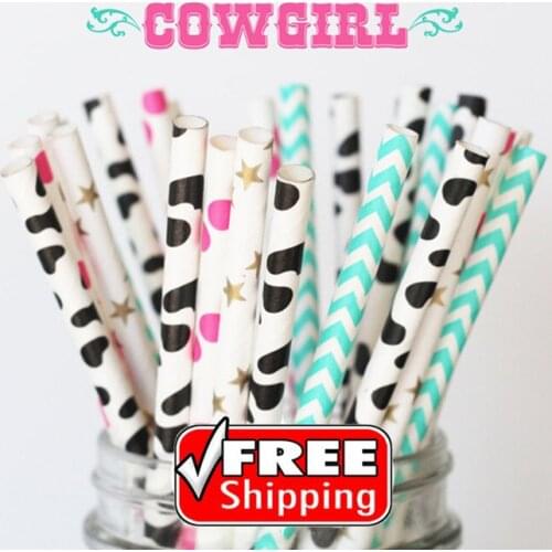 200pcs Mixed 4 Designs COWGIRL Bulk Paper Straws, Aqua, Hot Pink, Black, Gold, Polka Dot, Chevron, Star, Cow Print
