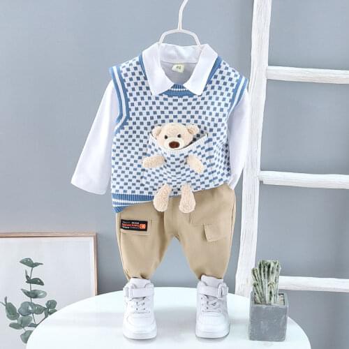 2021 Spring Children Fashion Clothes Baby Boys Sweater Plaid Vest Shirt Pants 3Pcs/Set Kids Clothing Toddler Tracksuit 0-4 YEARS