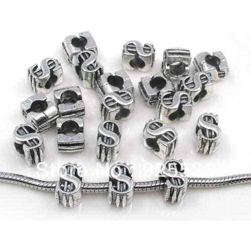 Free shipping 50pcs/lot 7X11mm dia. big hole antique metal US dollar beads fit European bracelet jewelry DIY