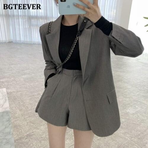 BGTEEVER 2021 Casual Summer Shorts Suits Women Notched Collar Suit Jacket & High Waist Loose Shorts Spring Female 2 Pieces Set