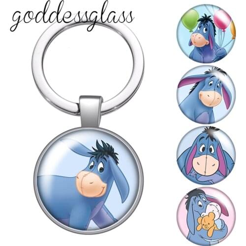 Disney Pooh Friends eeyore Cute donkey glass cabochon keychain Bag Car key chain Ring Holder Charms keychains gift