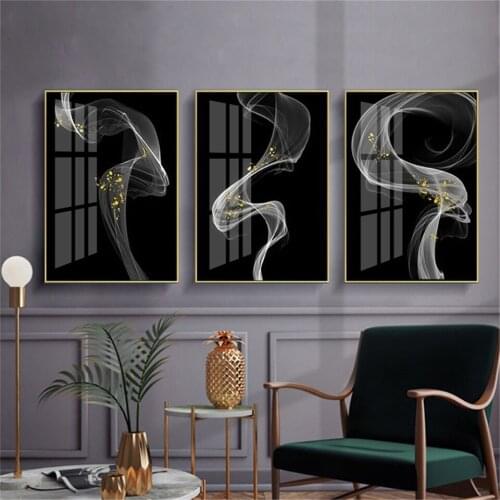 Black and White Abstract Wavy Lines Gold Canvas Paintings Geometric Poster Print Wall Art Pictures for Living Room Home Decor