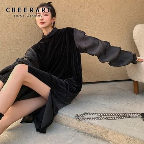CHEERART Black Velvet Puff Sleeve Vintage Long Dress Women 2021 Spring Autumn Side Split Ruffle Neck Long Sleeve Ladies Dress
