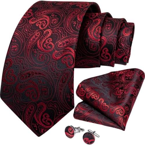 DiBanGu Men Tie Red Wine Black Paisley Silk Wedding Tie For Men Hanky Cufflink Tie Set Fashion Bussiness Party Dropshipping