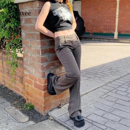 Elegant Vintage Suit Pants Women Casual Low Waisted Long Trousers Ladies Pocket Skinny Sweatpants Y2K 90S Streetwear