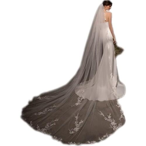 Ivory One Layer Cathedral Wedding Veil Floral Appliques Exquisite Lace Custom Made 3M Beautiful Long Bridal Veils Soft Tulle