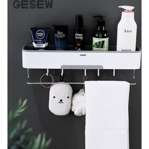 GESEW Multifunctional Storage Shelf For Bathroom Shampoo Storage Rack With Hooks Towel Organizer For Home Bathroom Accessories