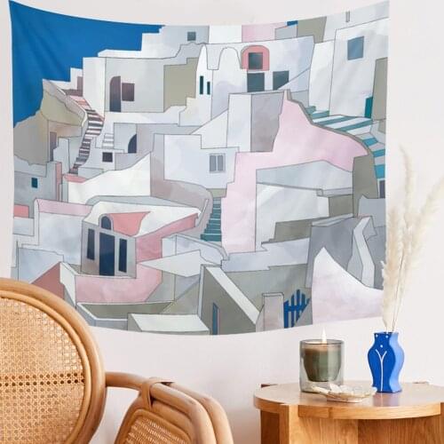 Greece Santorini Island Painting Wall Tapestries Italy Coast House Tapestry Wall Hanging Home Decor Art Decoration Bedroom Decor