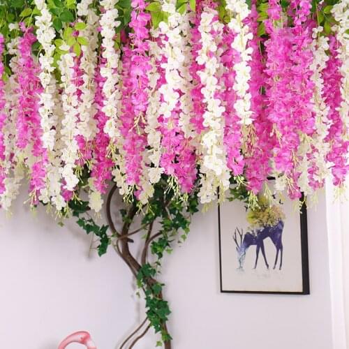 12pcs/lot Artificial Silk Wisteria Vines hanging Rattan plastic flowers Garland fake leaves For Home Garden Arch Wedding Decor