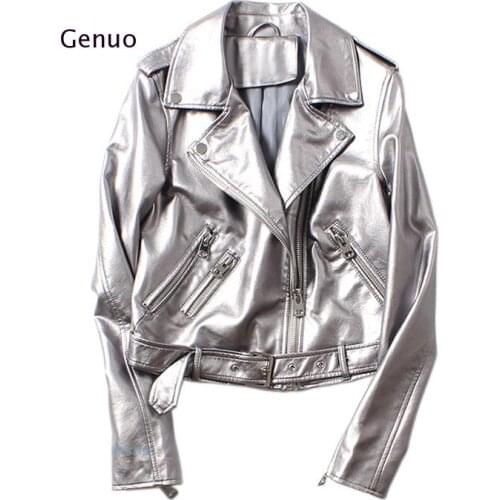 Spring Silver Leather Jacket Women Washed Pu Leather Rivets with Belt Bomber Jacket Motorcycle Biker Coat