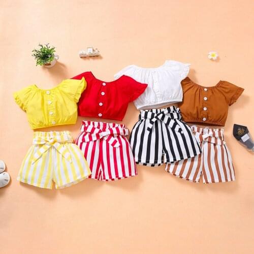 Summer Kids Baby Clothes Toddler Girl Outfits Short Sleeve Button Crop Tops+Casual Stripe Shorts Kids Girl Sets 2-6Y