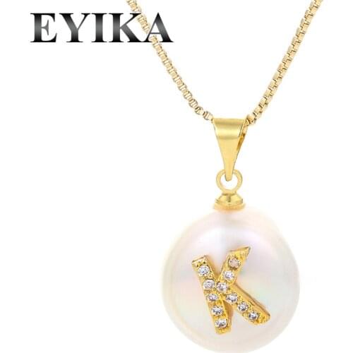 EYIKA Fashion Letter pendant necklace Round pearl with white cubic zirconia women CZ jewelry Alphabet Pendant Gold color O-chain