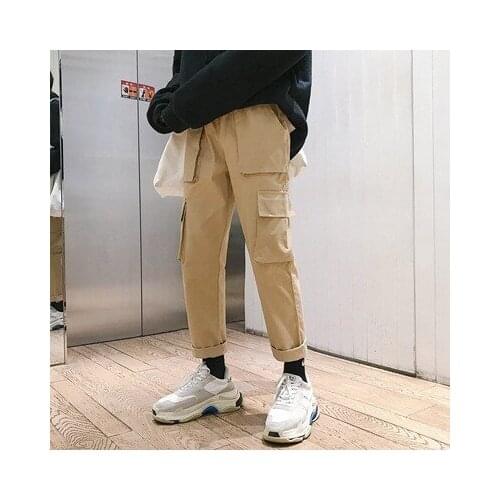 Fashion men Sweatpants spring New men Plus velvet loose Hong Kong style Brand cargo pant Solid color Multi-pocket Straight pants
