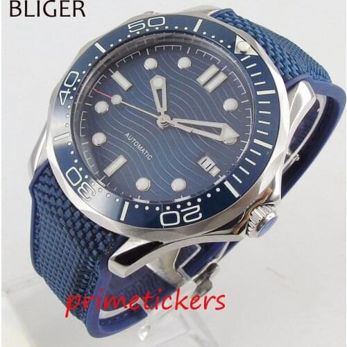 41mm blue sterile dial automatic movement date luminous ceramic bezel rubber strap mens wristwatch