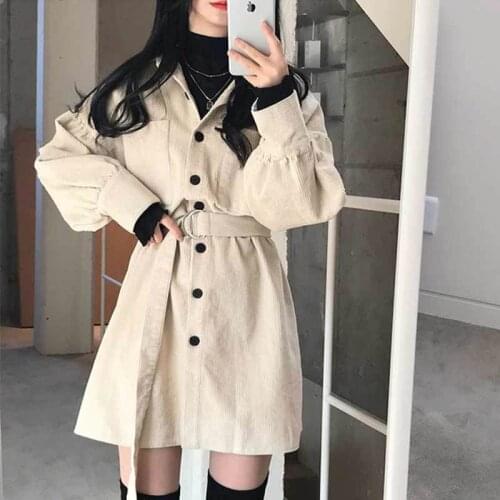 2021 spring new Hanfeng chic retro versatile corduroy waist small medium length blouse dress