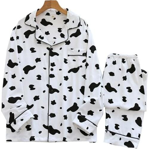 Couples Autumn New Full Cotton Pajamas Set Cute Cartoon Cow Pattern Printed Sleepwear Men & Women Winter Comfort Loose Homewear