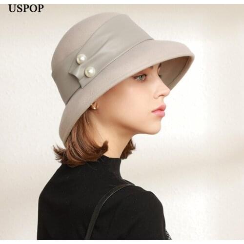 USPOP New 2021 Winter Women Wool Fedoras with Belt 100% Geniue Retro Elegant Wool Hat
