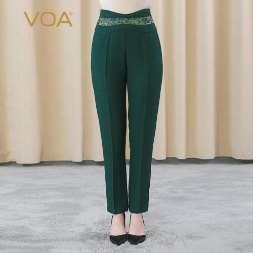 VOA Dark Green 60m/m Silk Pants for Women KE310 Office Lady High Waist Bump Jacquard Stitching OL Wild Harlan Trousers