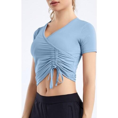 Sports Shirts Women V-Neck Side Drawstring Gym Workout T-Shirts Fitness Short Sleeve Tops Quick-Dry Yoga Crop Tops Sportswear
