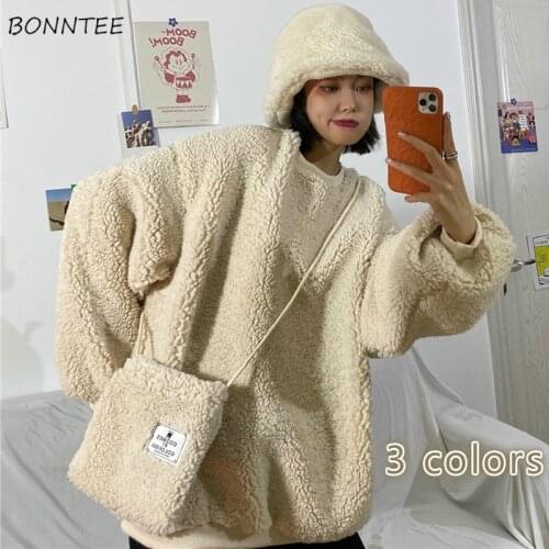 Hoodies Women Korean Oversize Harajuku Solid Plus Velvet Winter Womens Outerwear Simple Sweet Ins All-match Sweatshirt Pullovers