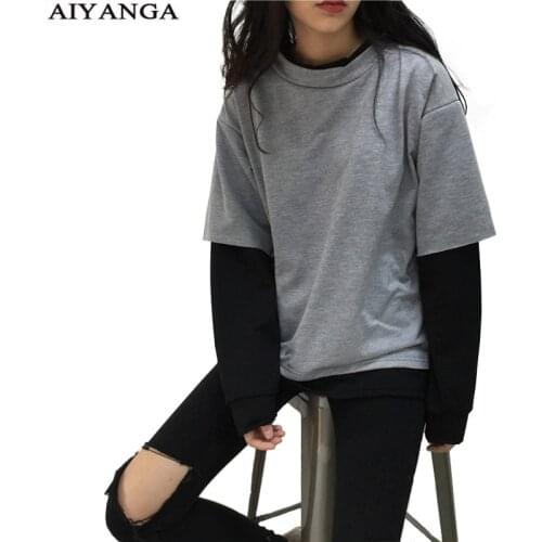 Sweatshirt for women 2019 Autumn Winter Faux 2 Pieces Hoodies O-neck Patchwork Hoody Long Sleeve Pullover Sweatshirts Loose Tops