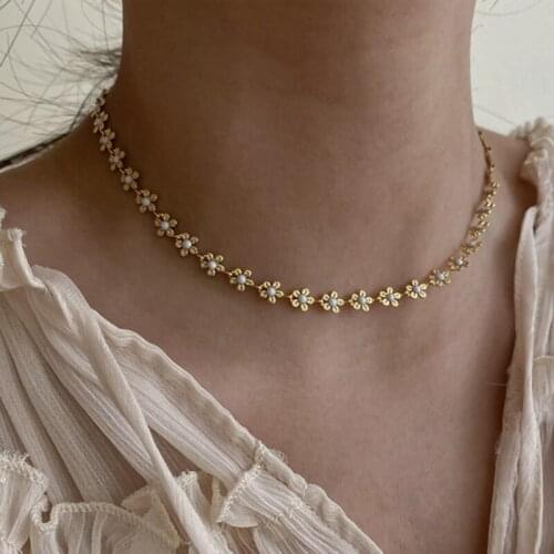 Women Necklace Spring Summer Temperament Metal Blue White Small Flower Necklace Clavicle Chain For Ladies Girl Jewelry Party New