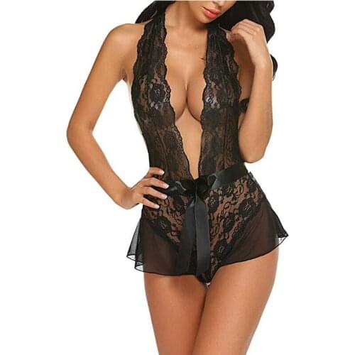 Women Sexy Lingerie Lady Strappy Sleeveless Plunge V Neck Mesh See-through Full Lace Cross Bodycon Bodysuit One-piece Underwear